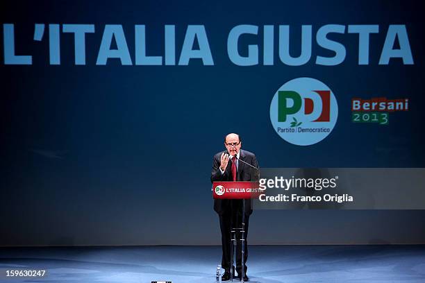 Democratic Party secretary and centre-left candidate for prime minister Pier Luigi Bersani speaks as he attends the opening of the PD Election...