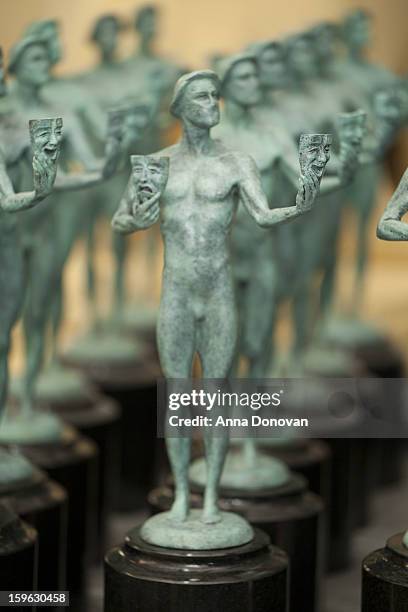 Finished Actor statuettes for the 19th annual Screen Actors Guild Award are on display at the American Fine Arts Foundry on January 17, 2013 in...