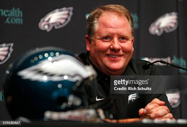 Chip Kelly talks to the media after being introduced as the new head coach of the Philadelphia Eagles during a news conference at the team's NovaCare...
