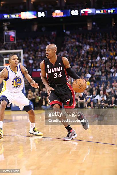 Ray Allen of the Miami Heat in action against the Golden State Warriors on January 16, 2013 at Oracle Arena in Oakland, California. NOTE TO USER:...