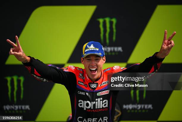 Aleix Espargaro of Spain celebrates his win on the podium after the MotoGP of Great Britain - Race at Silverstone Circuit on August 06, 2023 in...