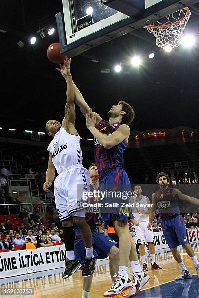 Curtis Jerrells of Besiktas JK Istanbul competes with Ante Tomic of FC Barcelona Regal during the 2012-2013 Turkish Airlines Euroleague Top 16 Date 4...