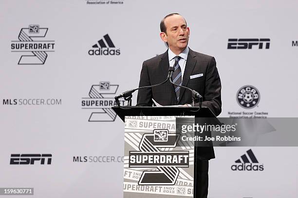 Commissioner Don Garber speaks prior to the 2013 MLS SuperDraft Presented by Adidas at the Indiana Convention Center on January 17, 2013 in...