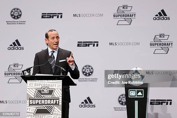 Commissioner Don Garber speaks prior to the 2013 MLS SuperDraft Presented by Adidas at the Indiana Convention Center on January 17, 2013 in...