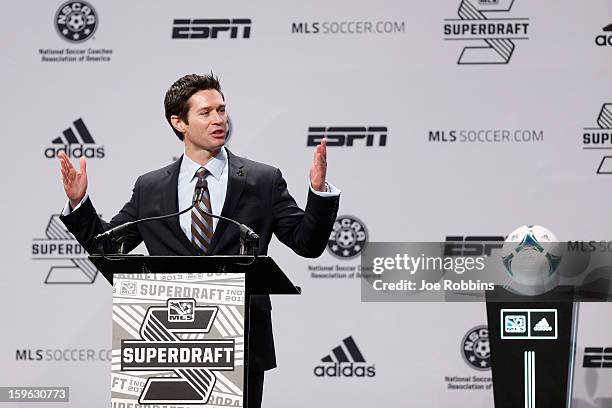 Executive vice president Dan Courtemanche speaks prior to the 2013 MLS SuperDraft Presented by Adidas at the Indiana Convention Center on January 17,...