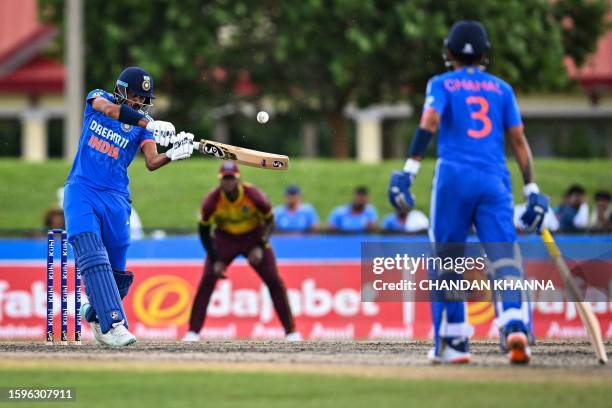 Axar Patel , of India takes a shot during the fifth and final T20I match between West Indies and India at the Central Broward Regional Park in...