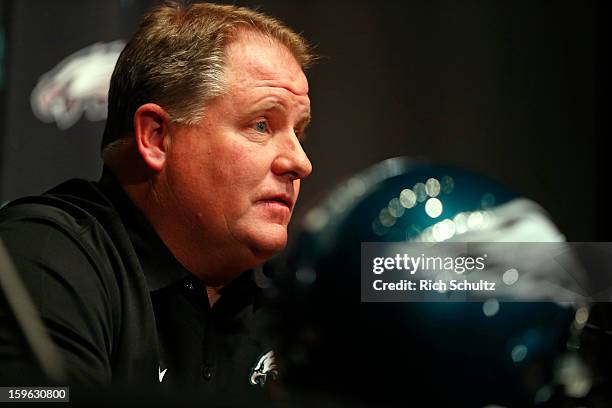 Chip Kelly talks to the media after being introduced as the new head coach of the Philadelphia Eagles during a news conference at the team's NovaCare...