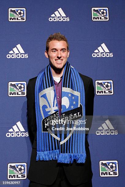 Brad Stuver of Cleveland State poses for photos after being selected by Montreal Impact as the 32nd overall pick in the 2013 MLS SuperDraft Presented...