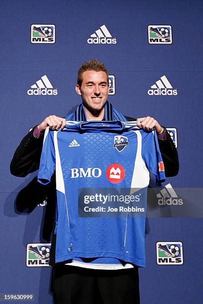 Brad Stuver of Cleveland State poses for photos after being selected by Montreal Impact as the 32nd overall pick in the 2013 MLS SuperDraft Presented...