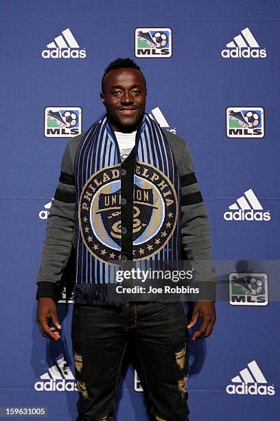 Stephen Okai of the University of Mobile poses for photos after being selected by the Philadelphia Union as the 31st overall pick in the 2013 MLS...