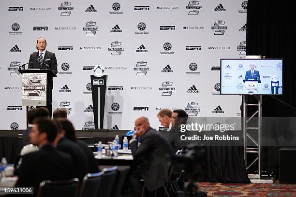 Commissioner Don Garber speaks prior to the 2013 MLS SuperDraft Presented by Adidas at the Indiana Convention Center on January 17, 2013 in...