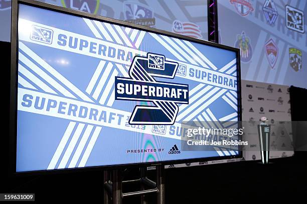 Television monitor is seen prior to the 2013 MLS SuperDraft Presented by Adidas at the Indiana Convention Center on January 17, 2013 in Indianapolis,...