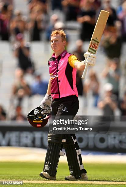 James Rew of Somerset celebrates their century during the Metro Bank One Day Cup match between Somerset and Worcestershire at The Cooper Associates...