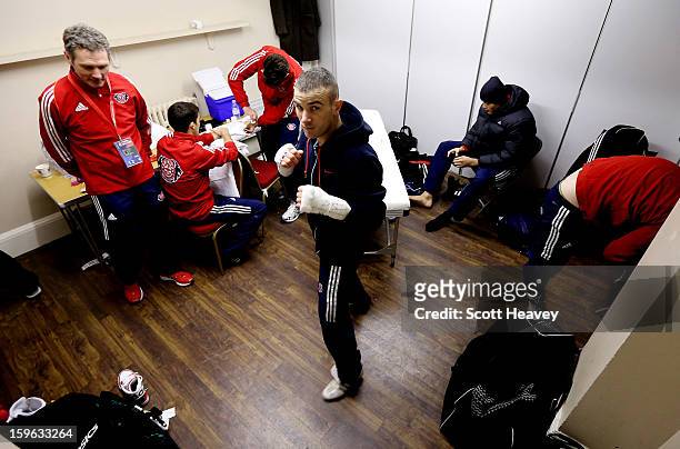 John Joe Nevin of British Lionhearts prepares for his 57-61kg bout with Daouda Sow of USA Knockouts during the World Series of Boxing Match between...