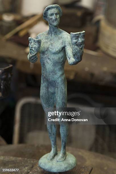 One of the newly cast bronze Screen Actors Guild Award statuettes at the American Fine Arts Foundry on January 17, 2013 in Burbank, California.