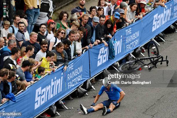 Matteo Trentin of Italy crashes during the 96th UCI Cycling World Championships Glasgow 2023, Men Elite Road Race a 271.1km one day race from...