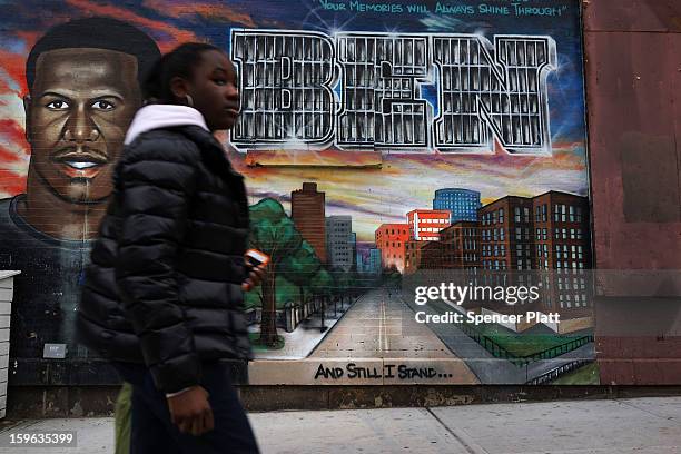 Graffiti memorial adorns a wall in memory of a man who was shot and killed in the Fort Greene neighborhood on January 17, 2013 in the Brooklyn...