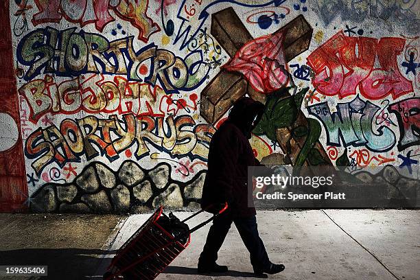 Woman walks by a graffiti memorial on a wall in memory of an individual killed in the Bedford-Stuyvesant neighborhood on January 17, 2013 in the...
