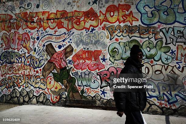 Graffiti memorial adorns a wall in memory of a man in the Bedford-Stuyvesant neighborhood on January 17, 2013 in the Brooklyn borough of New York...