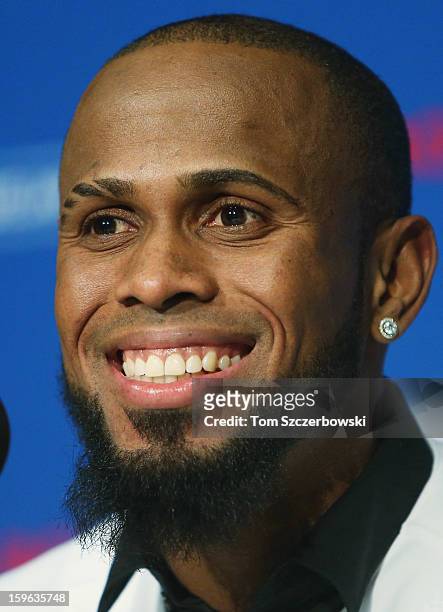 Jose Reyes of the Toronto Blue Jays talks to the media at a press conference at Rogers Centre on January 17, 2013 in Toronto, Ontario.