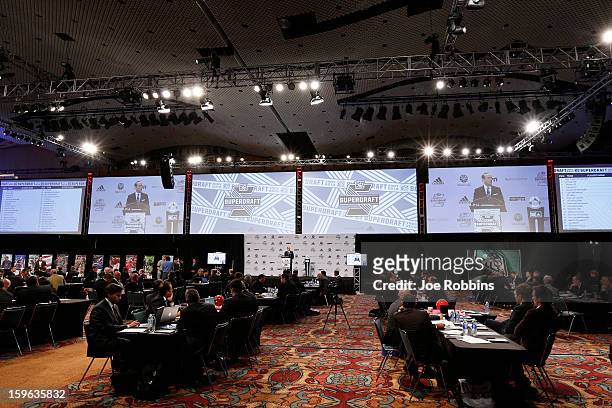 Teams work at their respective tables during the 2013 MLS SuperDraft Presented by Adidas at the Indiana Convention Center on January 17, 2013 in...