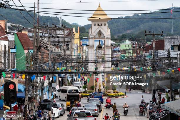 General view of the clock tower in the center of Betong city. Located on the Thai-Malaysian border, Betong is a vibrant town surrounded by lush...