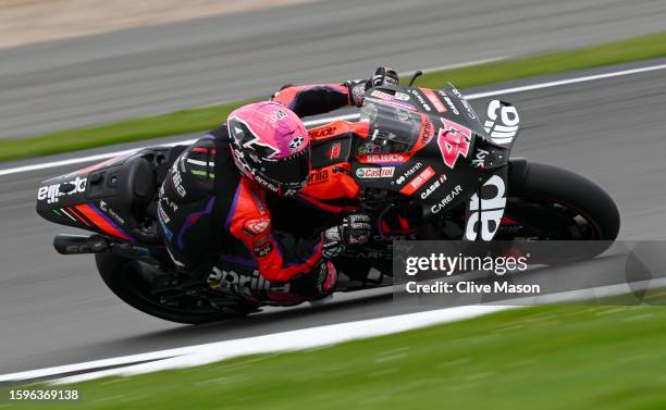 Aleix Espargaro of Spain in action on his way to winning the MotoGP of Great Britain - Race at Silverstone Circuit on August 06, 2023 in Northampton,...