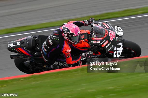 Aleix Espargaro of Spain in action on his way to winning the MotoGP of Great Britain - Race at Silverstone Circuit on August 06, 2023 in Northampton,...