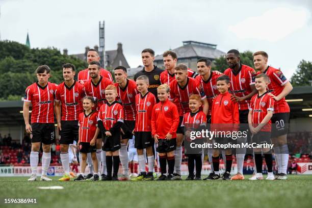 Derry , United Kingdom - 13 August 2023; Derry City players and mascots pose for a photograph before the SSE Airtricity Men's Premier Division match...