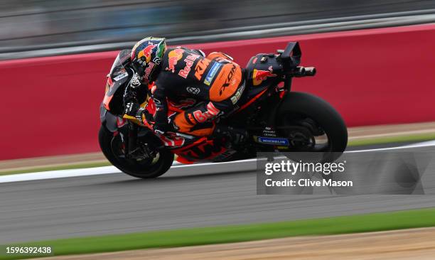 Brad Binder of South Africa, third placed rider, in action during the MotoGP of Great Britain - Race at Silverstone Circuit on August 06, 2023 in...