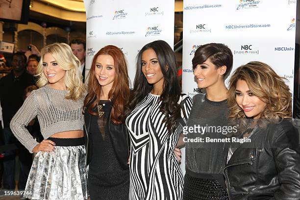 Mollie King, Una Healy, Rochelle Humes, Frankie Sandford and Vanessa White of the Saturdays promote "Chasing The Saturdays" at the NBC Experience...