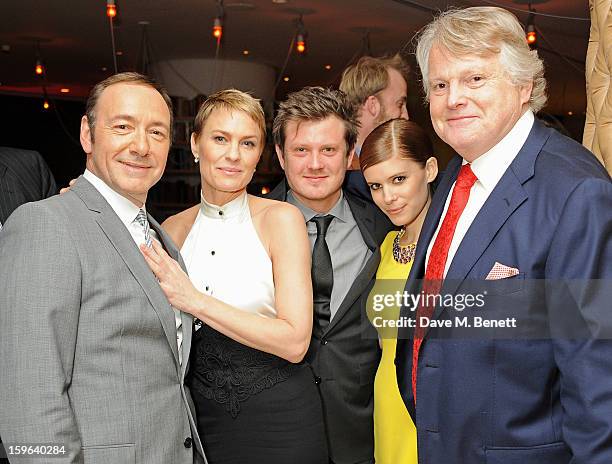 Kevin Spacey, Robin Wright, Beau Willimon, Kate Mara and Lord Michael Dobbs attend an after party celebrating the Red Carpet Premiere of the Netflix...