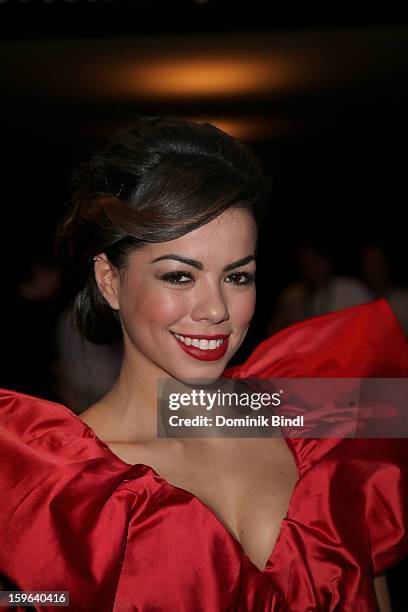 Fernanda Brandao leaves after the Guido Maria Kretschmer Autumn/Winter 2013/14 fashion show during Mercedes-Benz Fashion Week Berlin at Brandenburg...