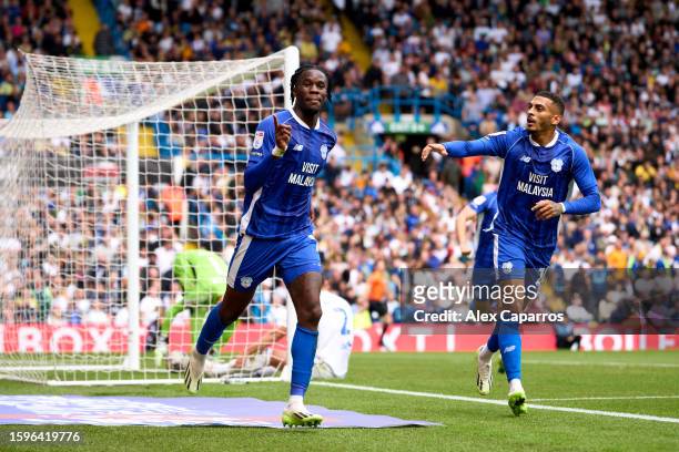 Ike Ugbo of Cardiff City celebrates after scoring his team's second goal during the Sky Bet Championship match between Leeds United and Cardiff City...