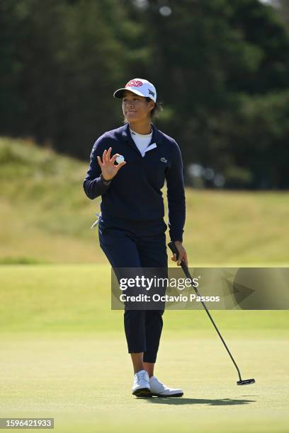 Celine Boutier of France reacts after a putt on the ninth green during the final round of the FREED GROUP Women's Scottish Open presented by Trust...