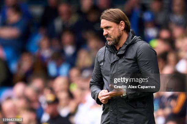 Manager Daniel Farke of Leeds United looks on during the Sky Bet Championship match between Leeds United and Cardiff City at Elland Road on August...