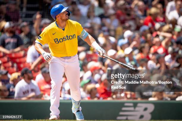 Adam Duvall of the Boston Red Sox hits a three-run home run during the fifth inning of a game against the Detroit Tigers on August 13, 2023 at Fenway...