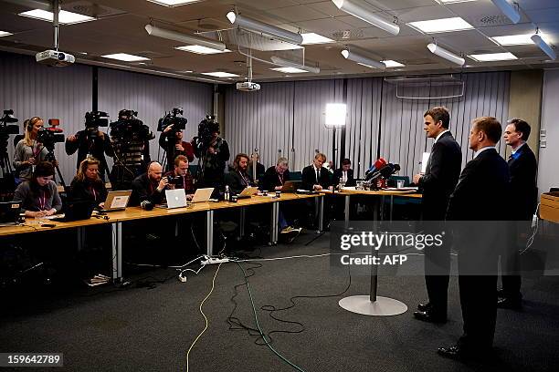 Ceo Statoil Helge Lund and Leader Of Secretariat Bjoern Otto Sverdrup and Stadoil's Director Of Foreign Affairs Lars Christian Bacher address a press...