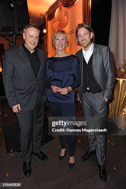 Juergen Hoerner, Gaby Papenburg and Marc Rasmus attend the Sat.1 GOLD TV Channel Launch at the Filmcasino on January 17, 2013 in Munich, Germany.