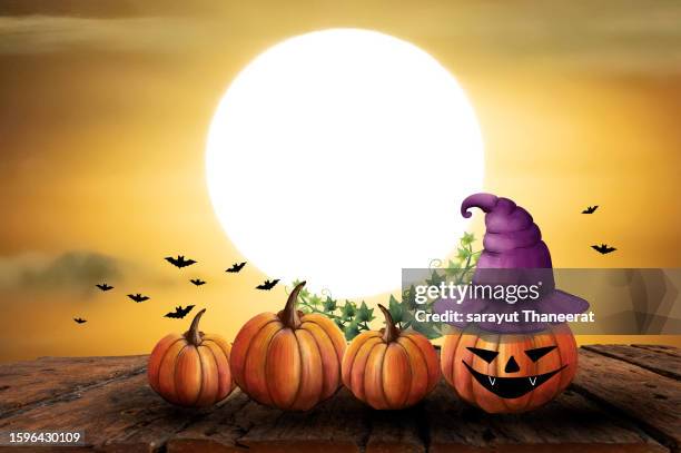background with orange pumpkins lined up for halloween. happy - ugly pumpkins stock-fotos und bilder