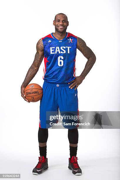 LeBron James of the Miami Heat poses for a portrait in his 2013 All-Star jersey on January 9, 2013 at the Hotel Monaco in Portland, Oregon. NOTE TO...