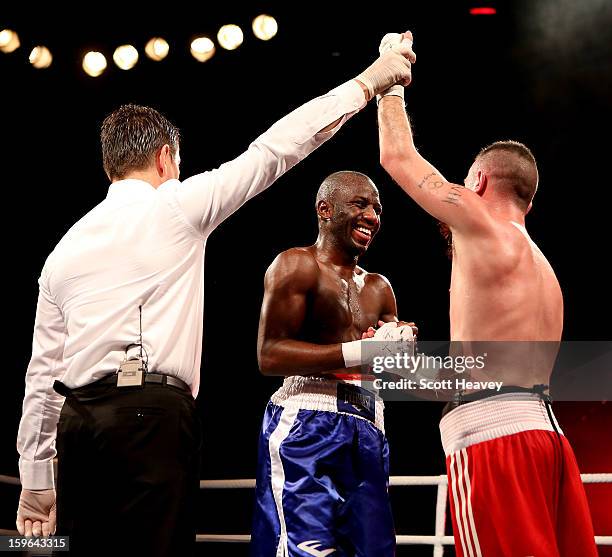 John Joe Nevin of British Lionhearts celebrates his victory over Daouda Sow of USA Knockouts during their 57-61kg bout in the World Series of Boxing...