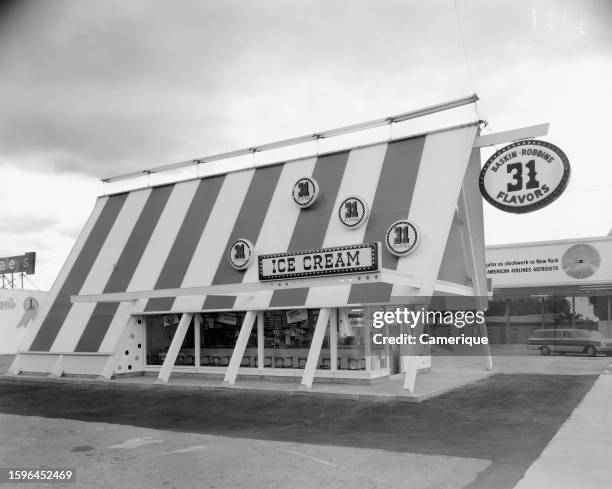 Exterior of a vintage A-frame designed Baskin-Robbins 31 flavors ice cream store. Baskin Robbins, better known as 31 Flavors opened their first store...