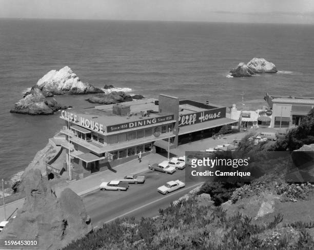 Overhead view looking down on the old Cliff House Restaurant in San Francisco it opened in 1858 and finally closed in 2020.