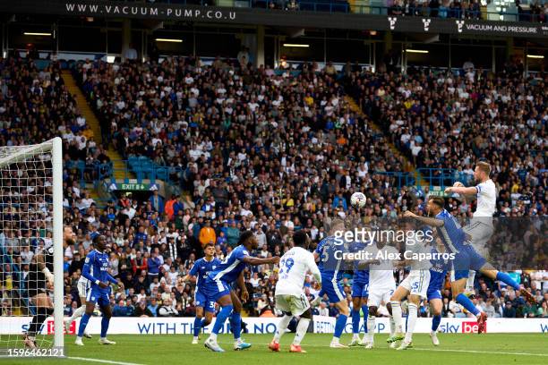 Liam Cooper of Leeds United scores his team's first goal during the Sky Bet Championship match between Leeds United and Cardiff City at Elland Road...