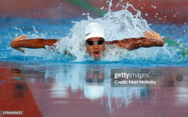 Aker Jjuuko Kilonzo Mutinda of Team Kenya competes in the swimming on day two of the 2023 Youth Commonwealth Games at National Aquatic Centre on...