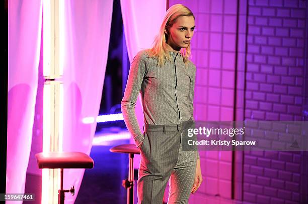 Model Andreja Pejic poses during the Jean Paul Gaultier Menswear Autumn / Winter 2013/14 show as part of Paris Fashion Week on January 17, 2013 in...
