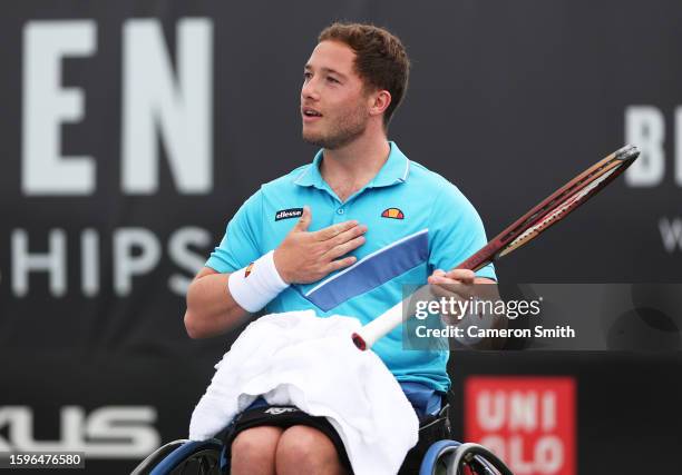 Alfie Hewett of Great Britain celebrates victory over Joachim Gerard of Belgium in the Men's Single's Final during the Lexus British Open Wheelchair...