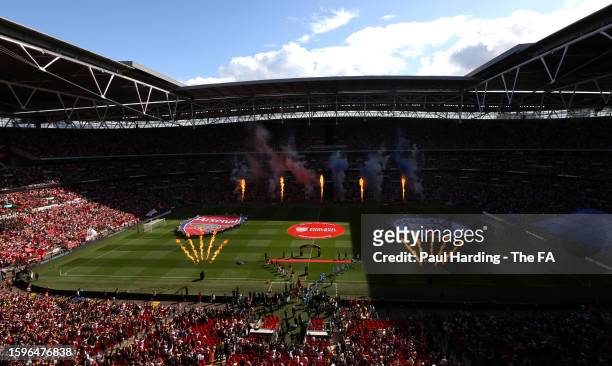 General view of the pyrotechnics show as the two teams emerge onto the pitch ahead of The FA Community Shield match between Manchester City against...