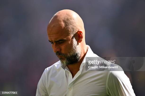 Pep Guardiola, Manager of Manchester City ahead of The FA Community Shield match between Manchester City against Arsenal at Wembley Stadium on August...